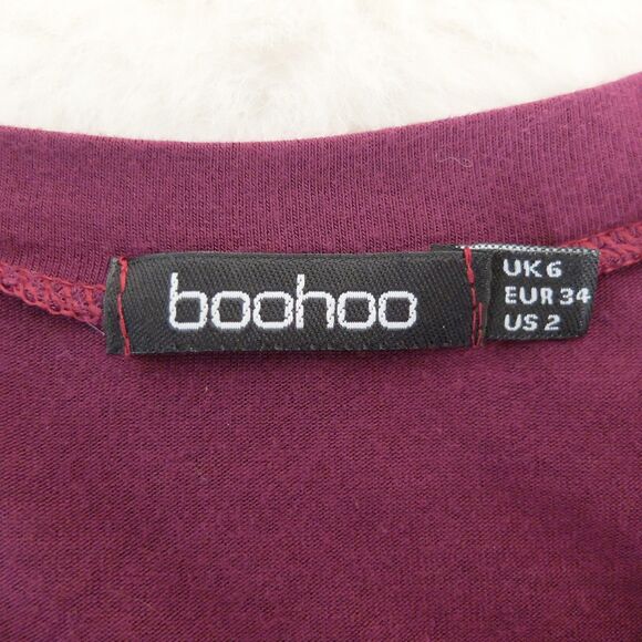 Boohoo Maroon Twist Front Tie Tee Shirt Size 2 - Picture 5 of 6